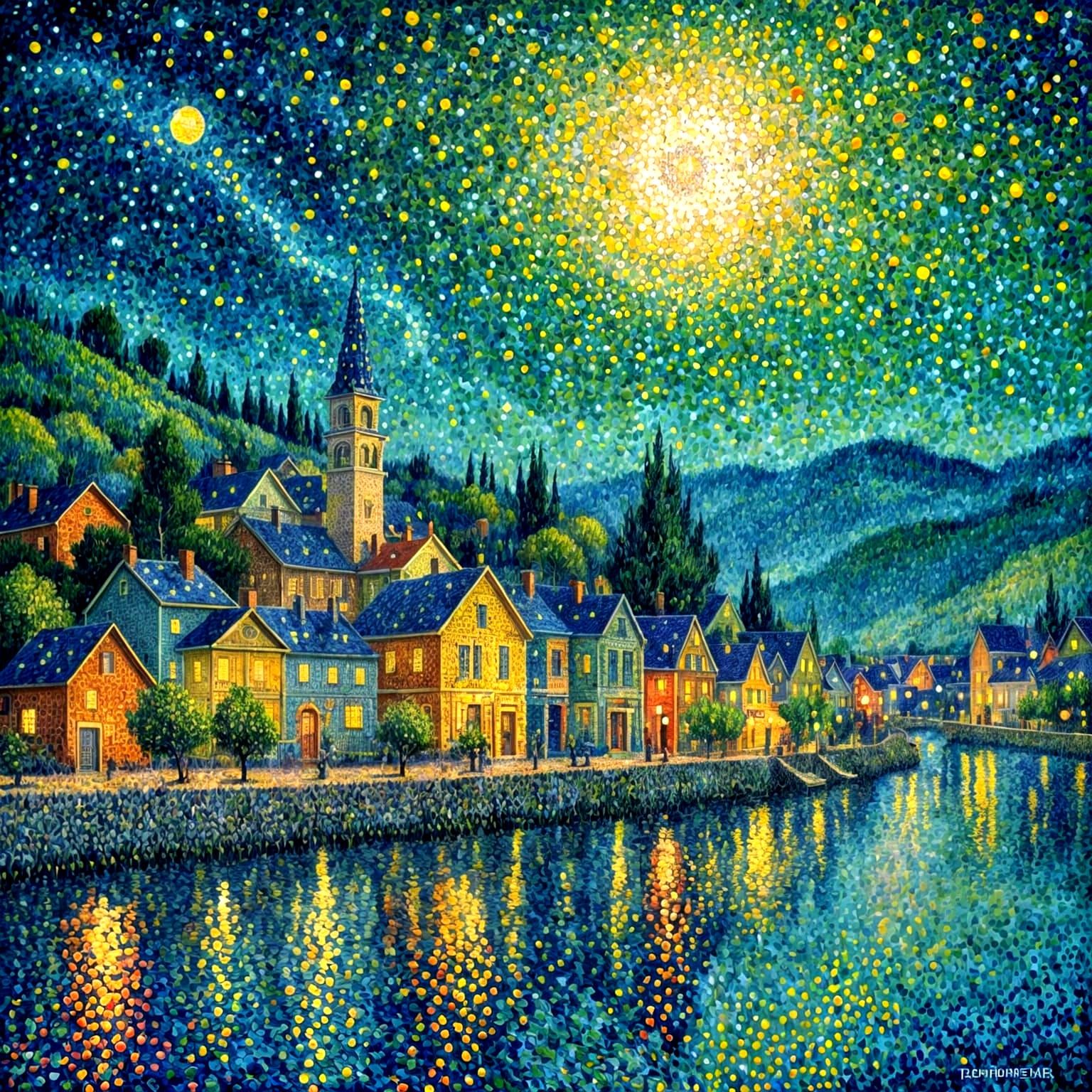 Pointillist River Town in Double Exposure Style