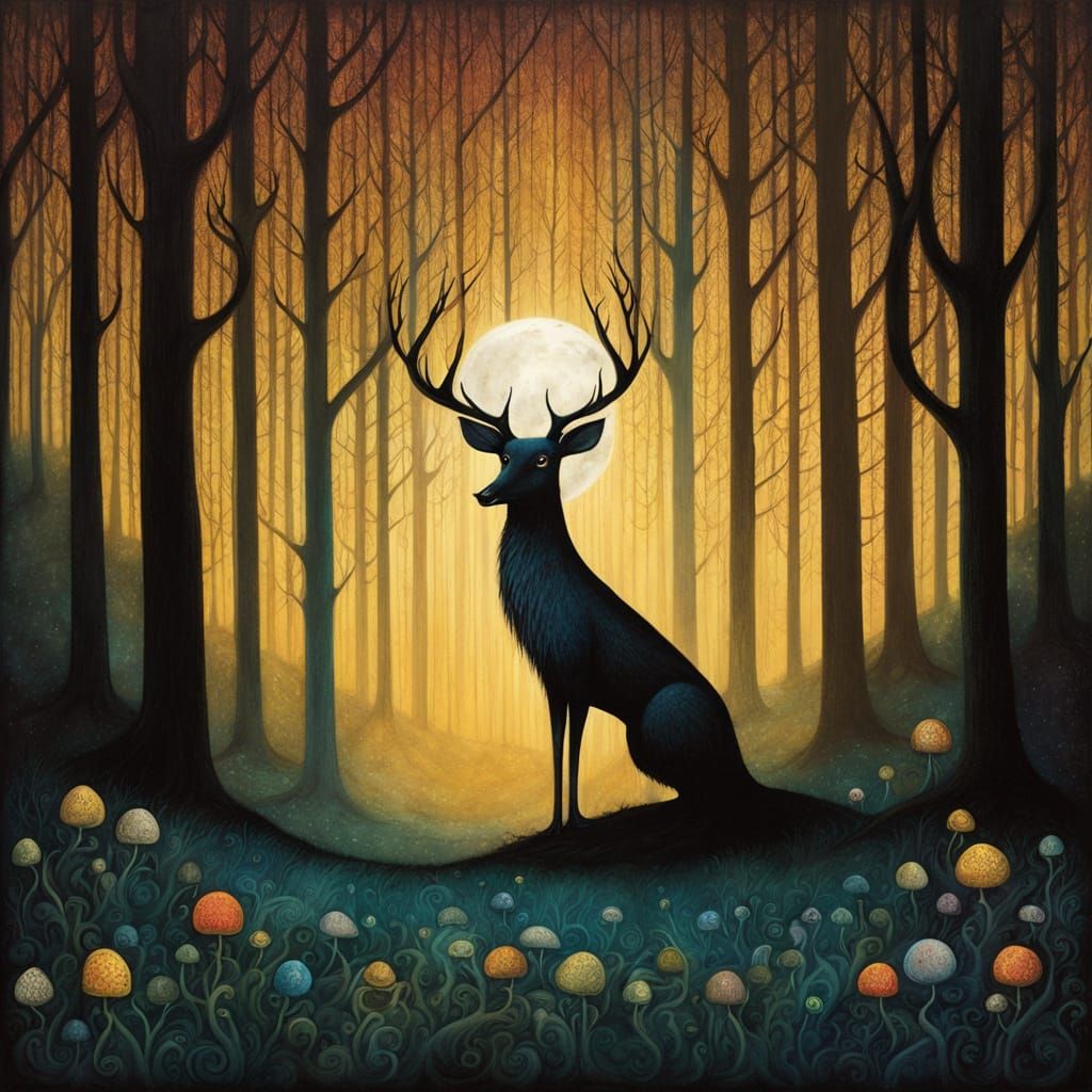 Whimsical Eldritch Woodland Scene in a Dark Fantasy Style