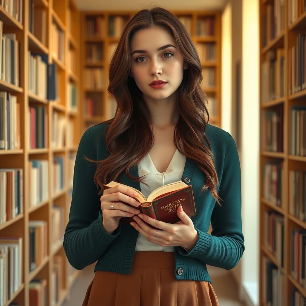 Elegant Woman in Golden Library Sanctuary