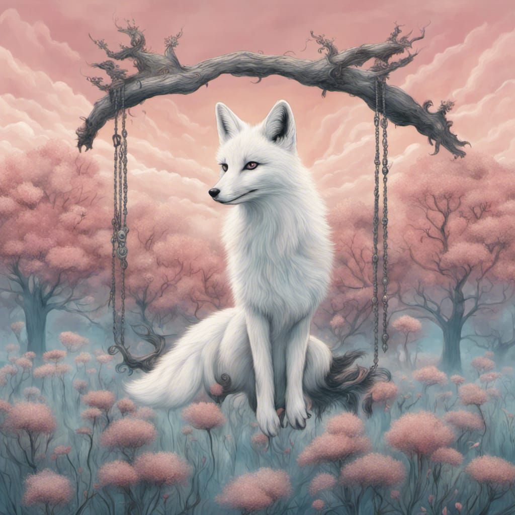 Nine-Tailed Fox in Pink Meadow, Detailed Matte Painting