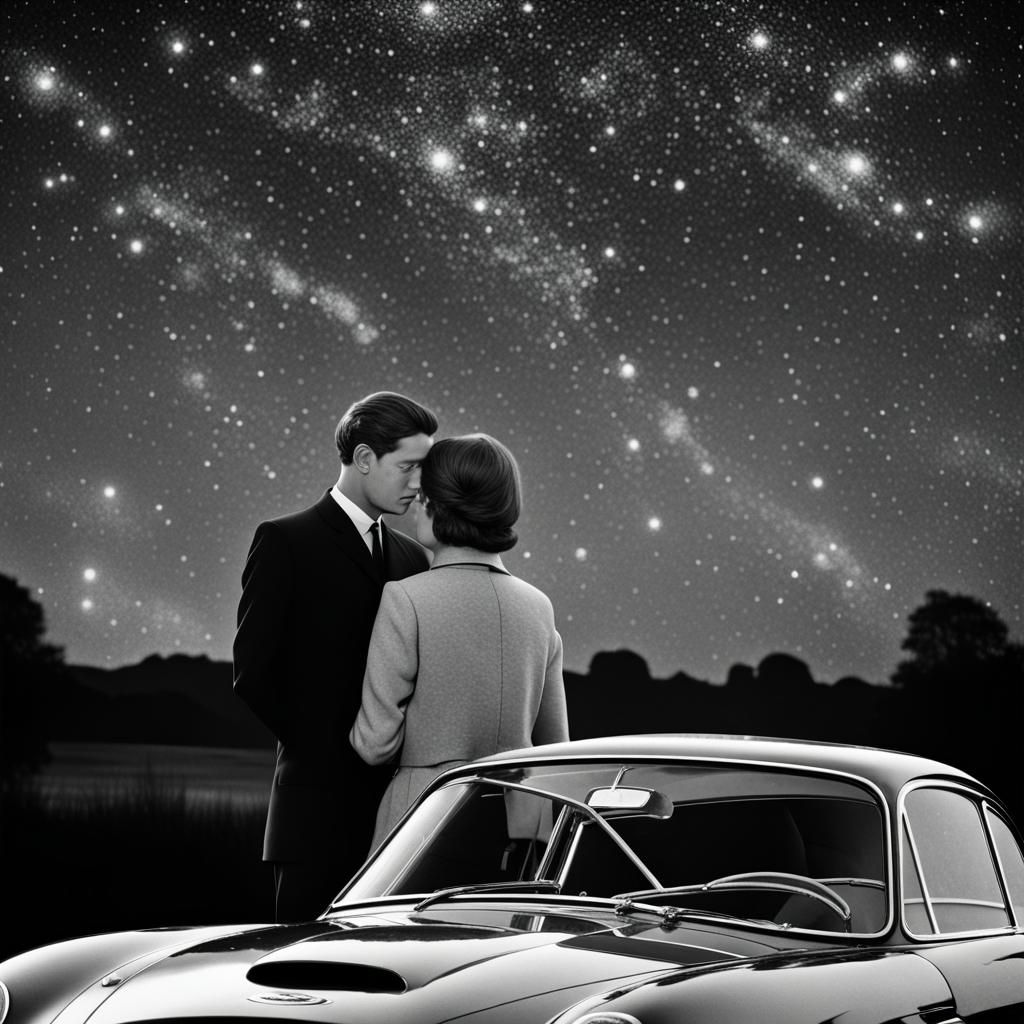 Romantic 1960s Stargazing Scene with Classic Car