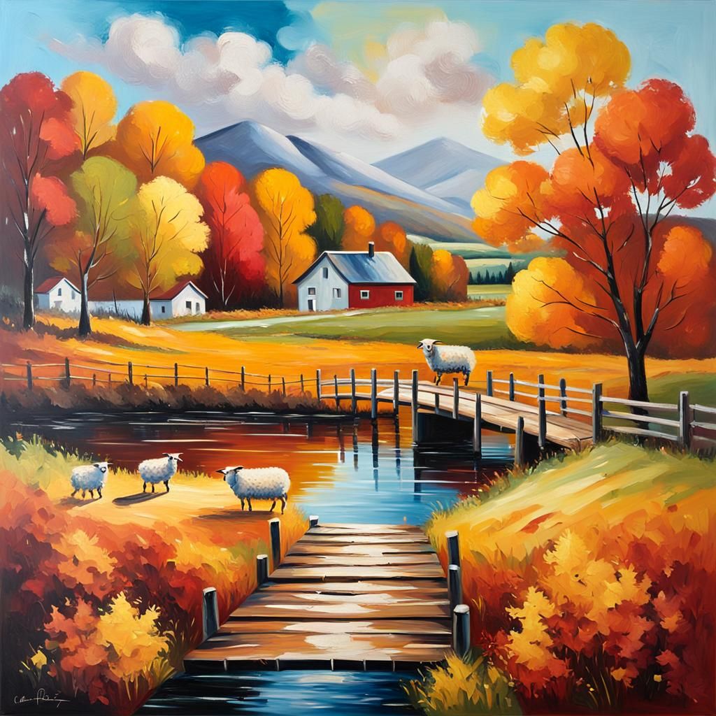 Autumn Landscape with Sheep: Impasto Oil Painting