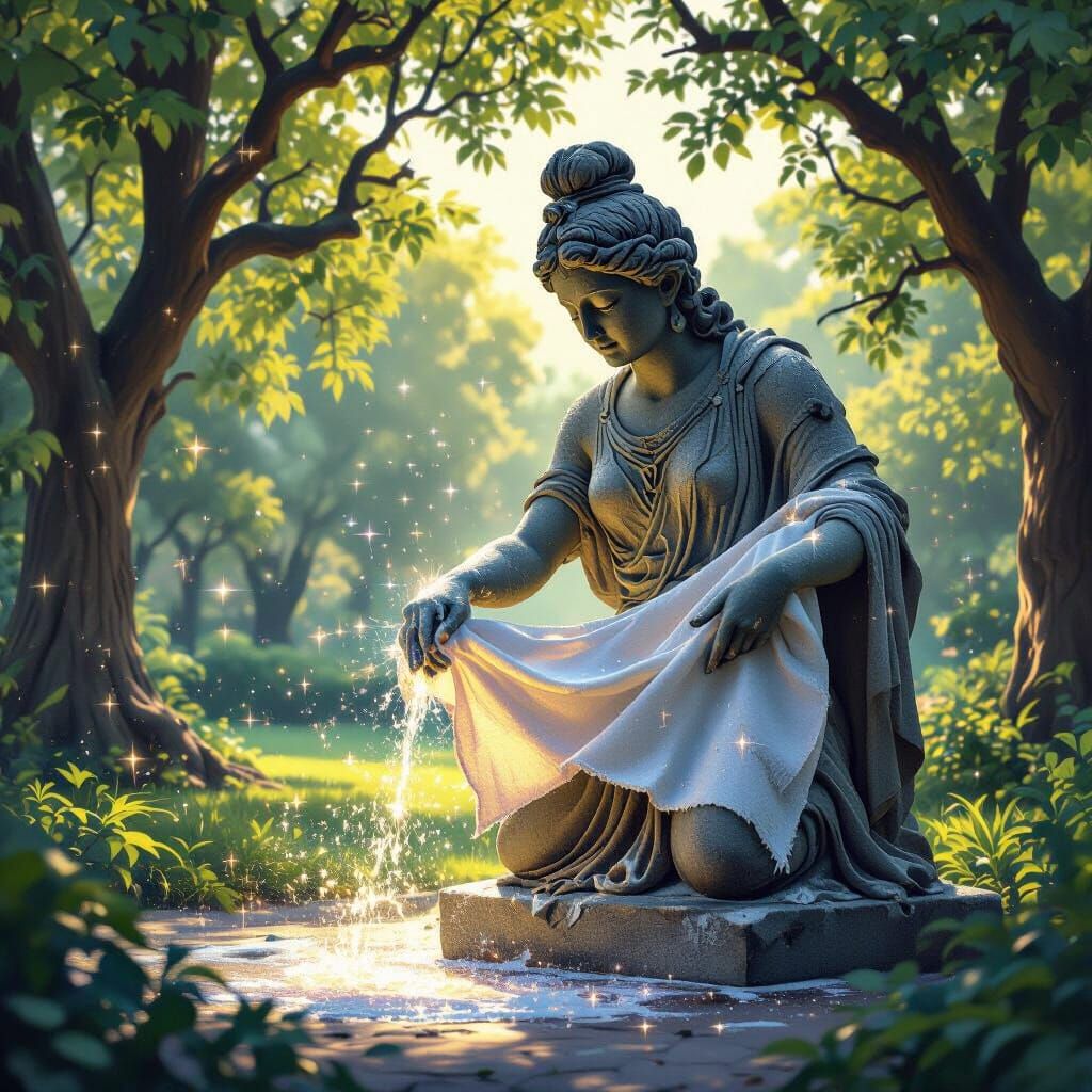 Magical Rag Cleans Grimy Statue in Fantasia Park