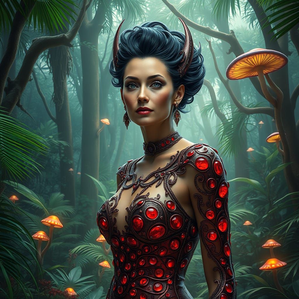 Alien Goddess Radiates Mystical Energy in Ruby Red Attire