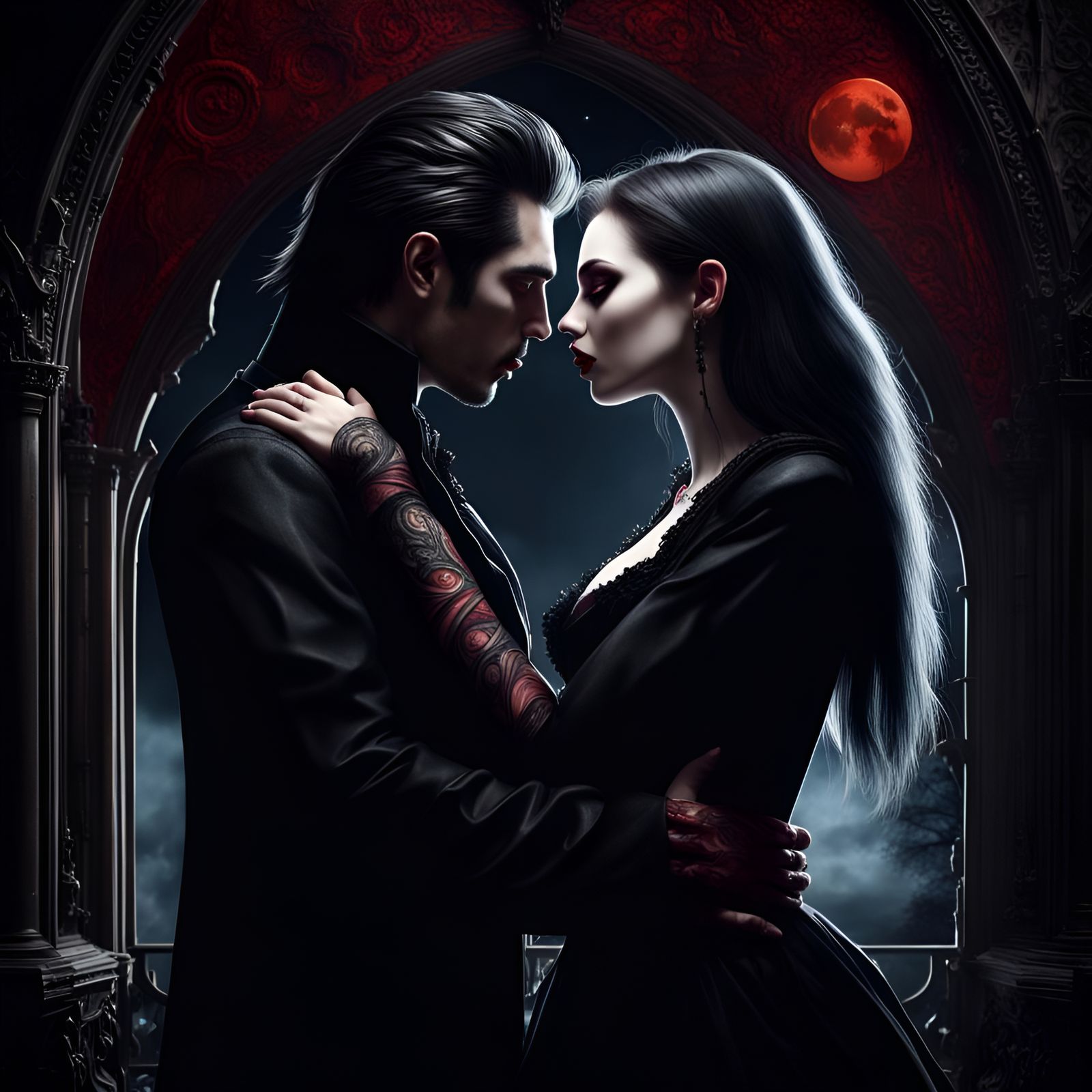 Vampire Couple Kissing in Gothic Moonlight