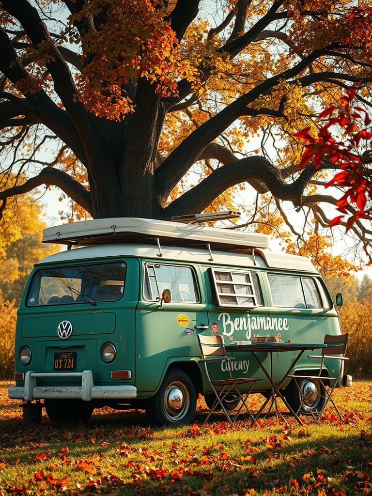 Vintage VW Campervan in Golden Autumn Light