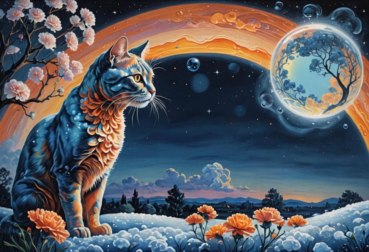 Surreal Orange Glass Cat in Dali-Inspired Landscape