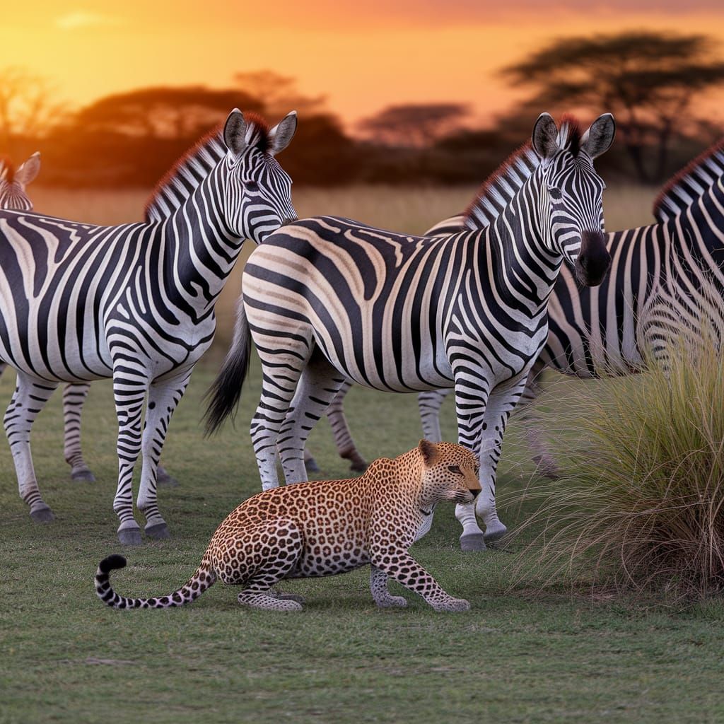 Wildlife Scene of a Zebra Herd and a Sneaking Leopard in Afr...