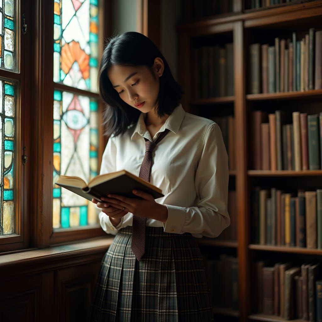 Young Woman Reads Book in Library by Stained Glass Window