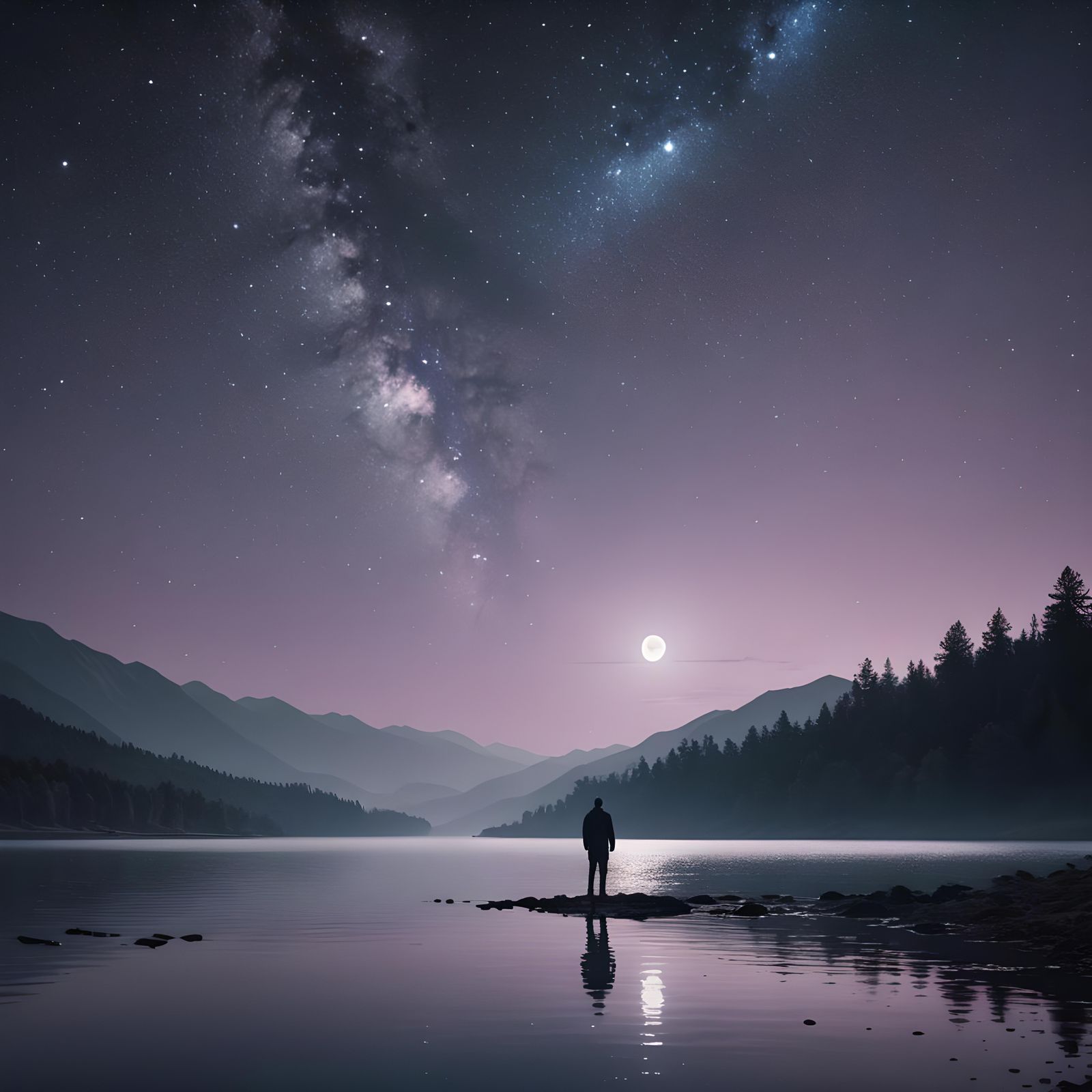 Lonely Figure Reflecting in Lake Under Dark Sky