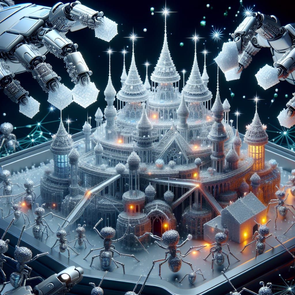 Whimsical Nanobot Castle Constructed from Twinkling Crystals