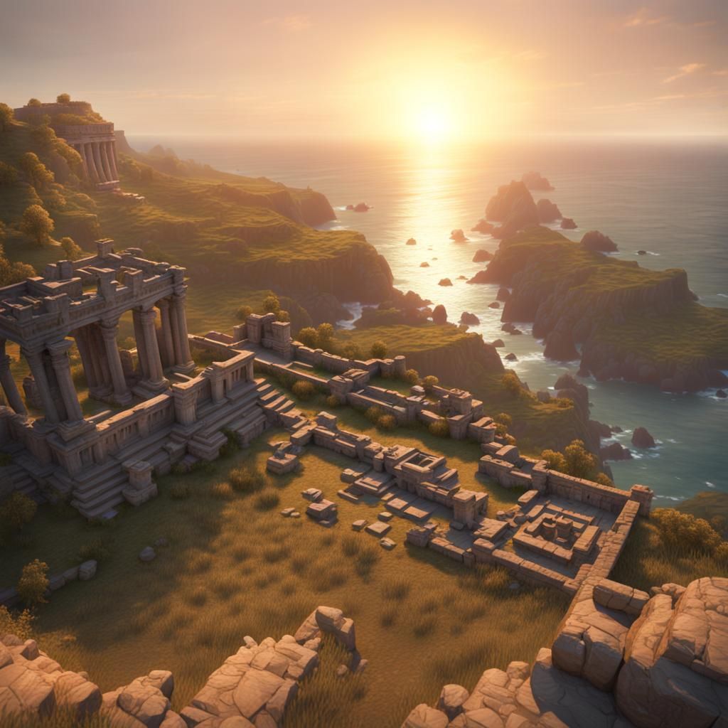 Photorealistic Ruins Overlooking a Golden Coastline