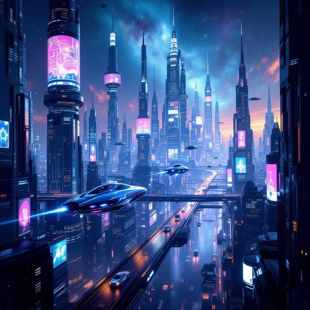 Infinite Future Cityscape with Holographic Ads