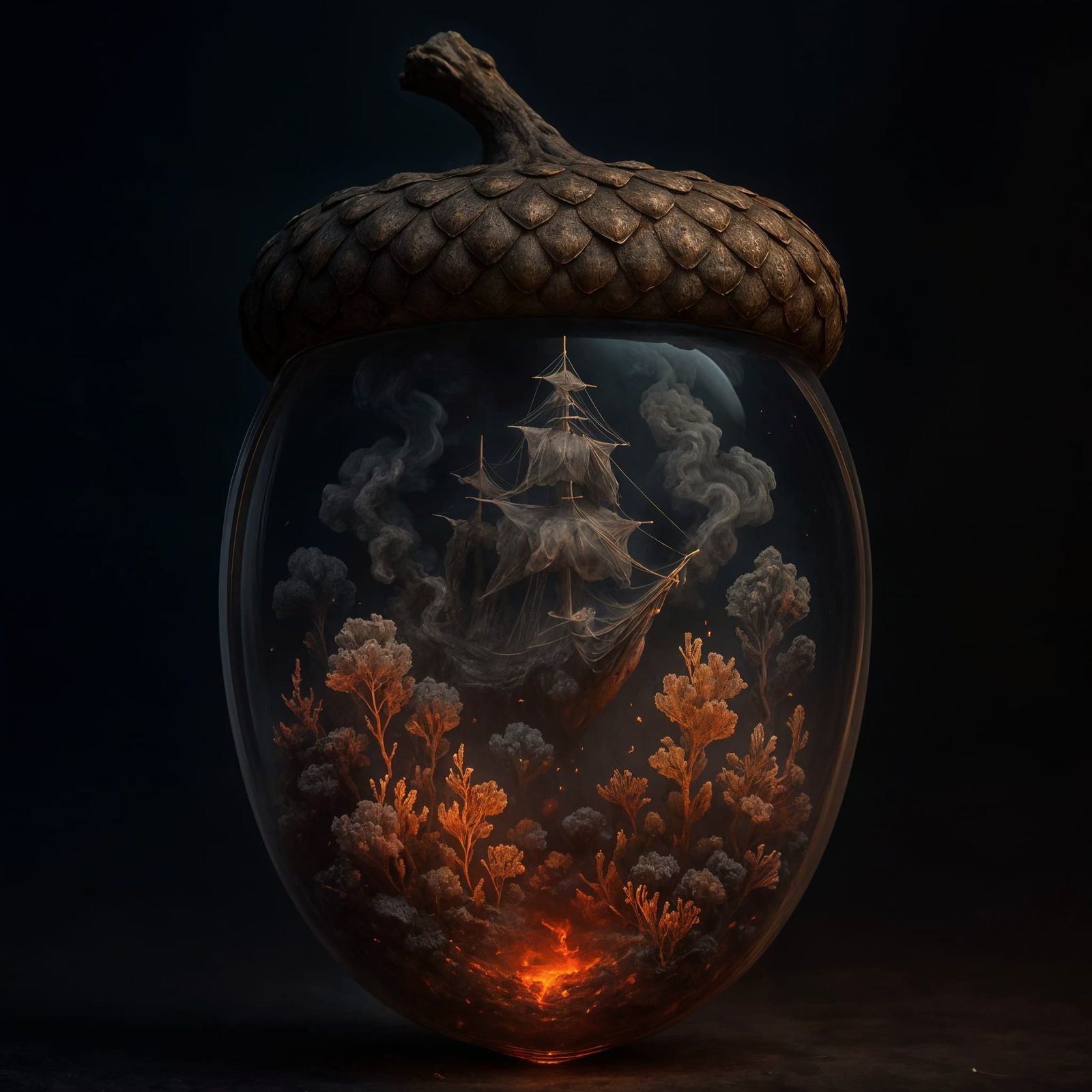 Miniature Volcanic World in Acorn, Surreal Digital Art