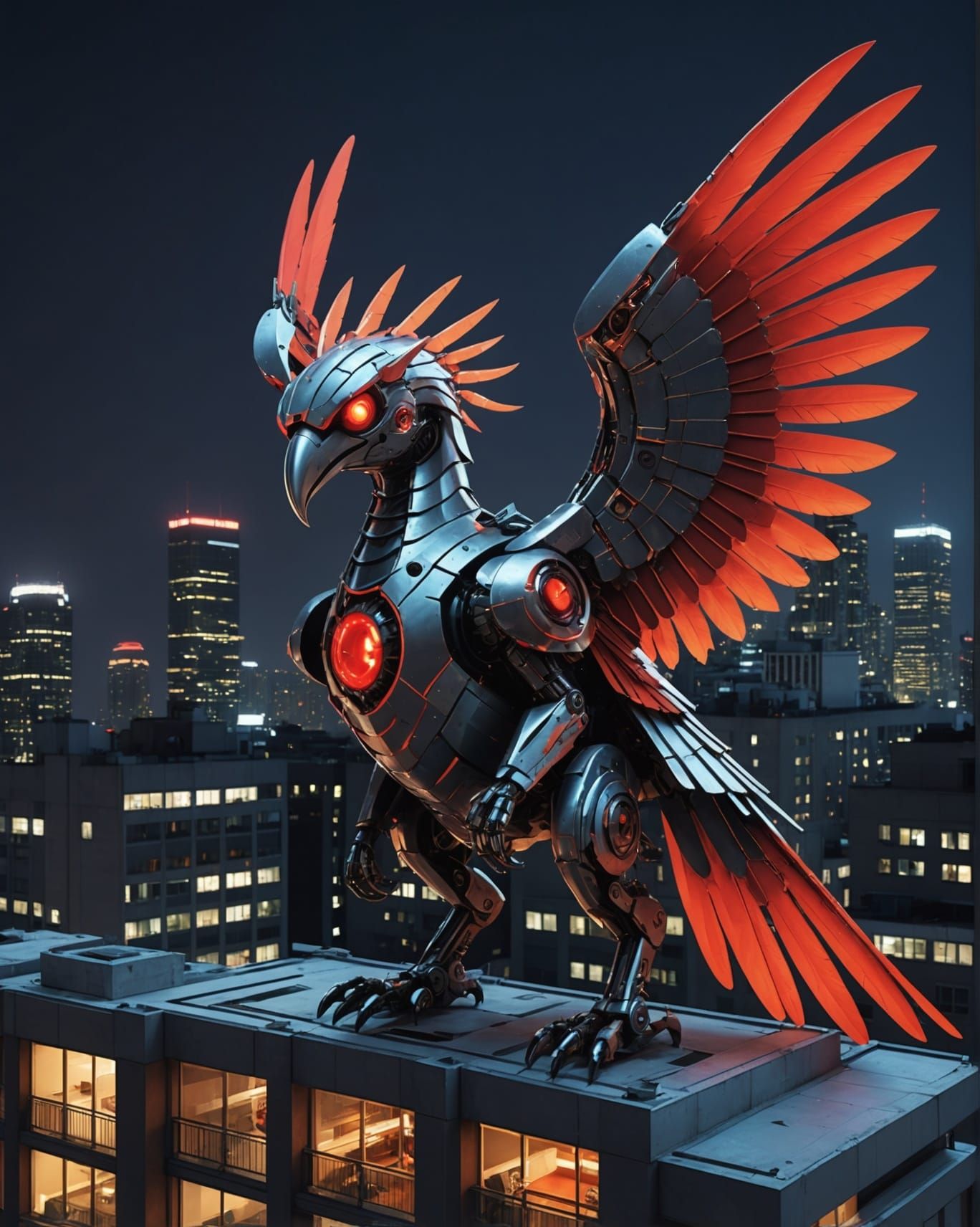 Mechanical Cockatrice Perched Atop Futuristic Building