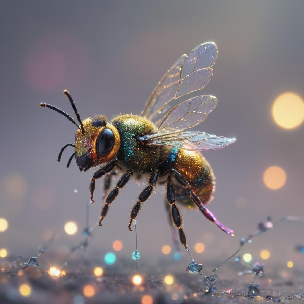 Glitter Bee Macro in Futuristic Surrealist Style