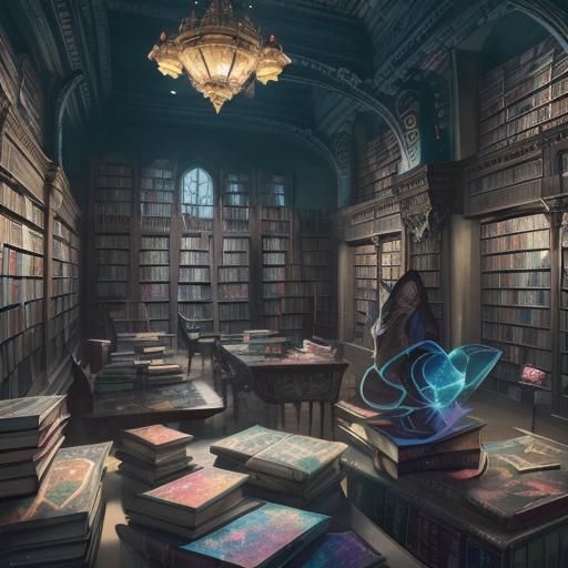 Ornate Library with Books in Watercolour Graffiti Style