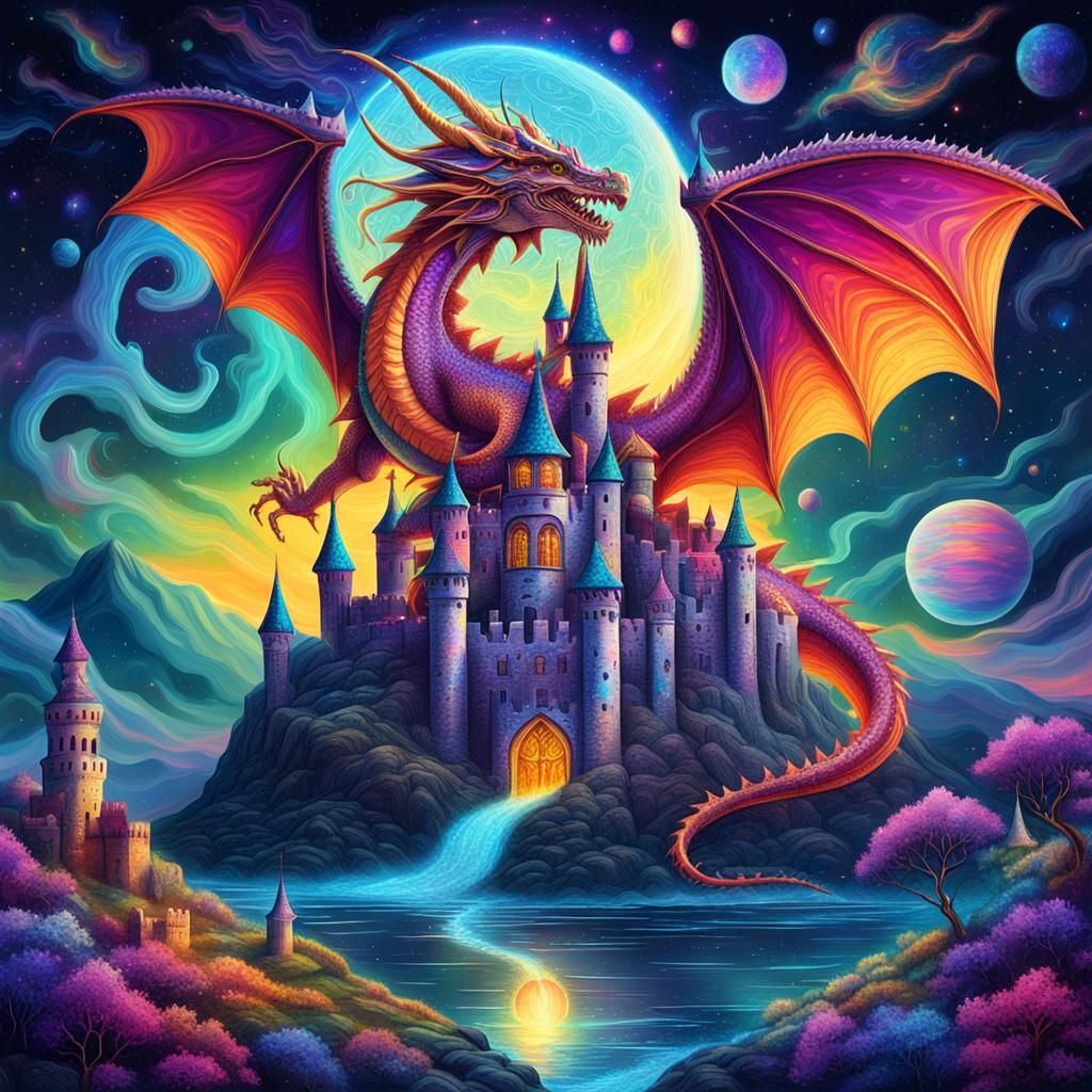 Cosmic Dragon and Castle by Pablo Amaringo