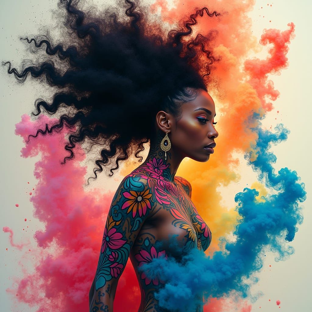 Woman with Tribal Tattoos in Flowerpunk Dreamscape