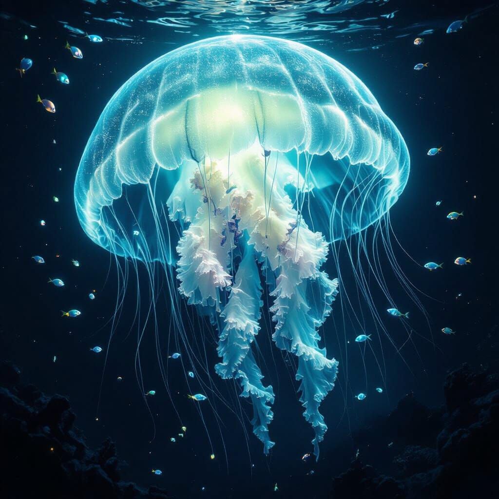 Giant Bioluminescent Jellyfish in Alien Ocean