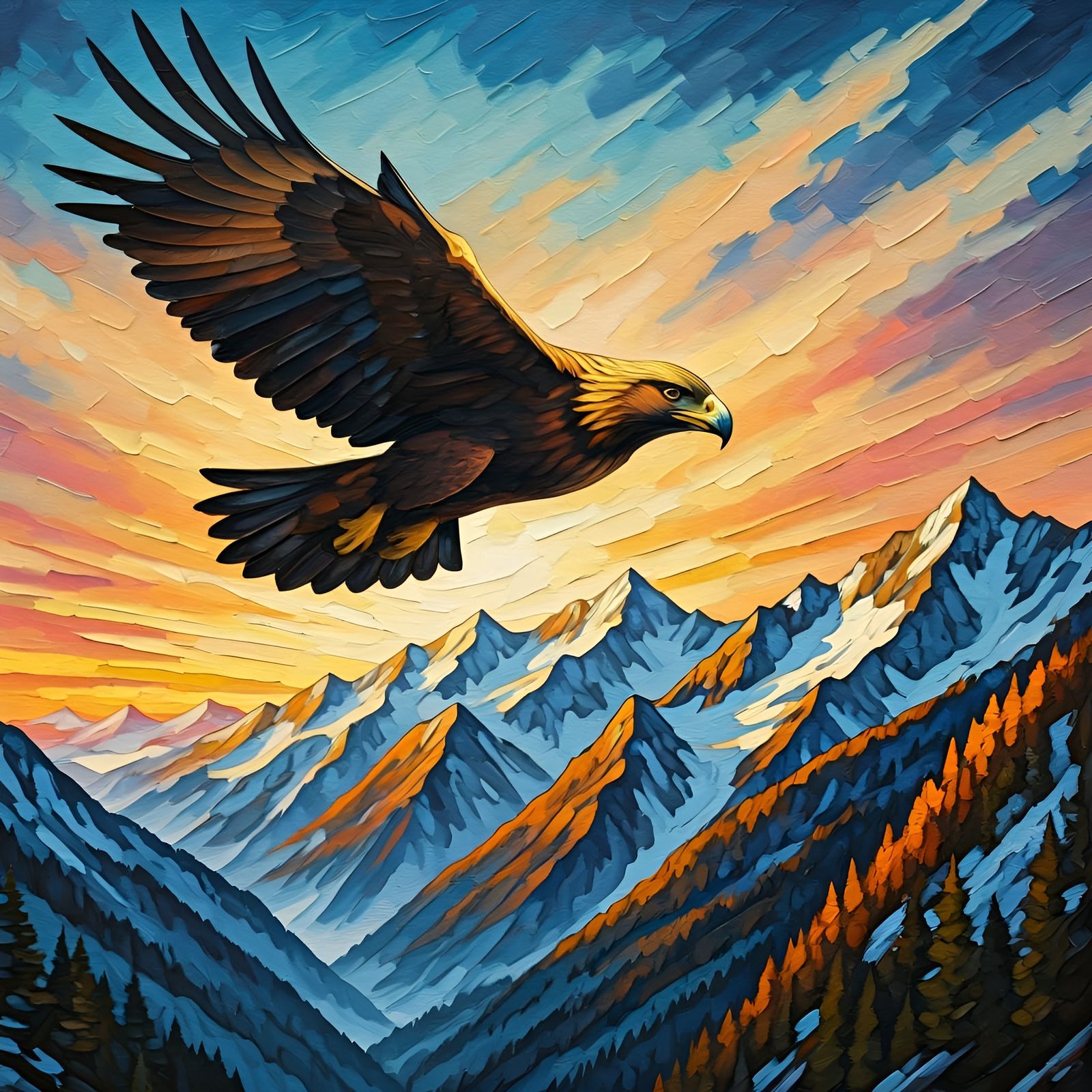 Golden Eagle Soaring Over Mountains, Impasto Painting