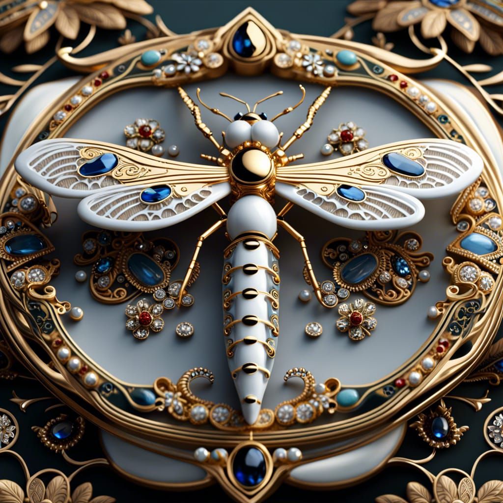 Bejeweled Porcelain Dragonfly with Filigree Patterns
