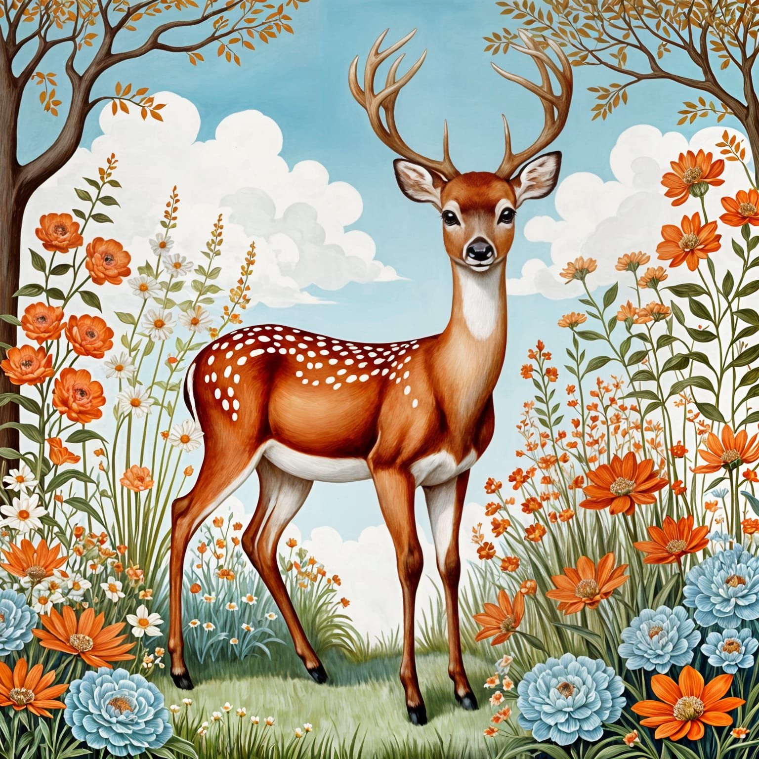 Whimsical Summer Garden Scene with a Deer