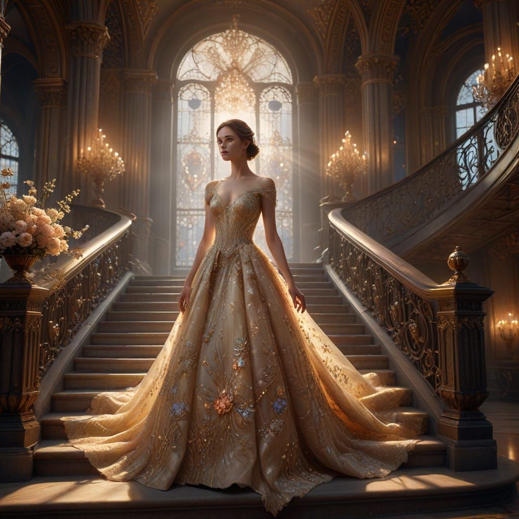 Woman in Luminous Dior Gown on Ballroom Staircase