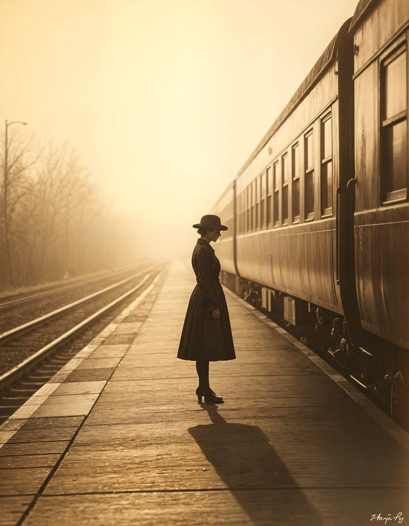Vintage Photo of Woman on Train Platform in Dreamy Blur