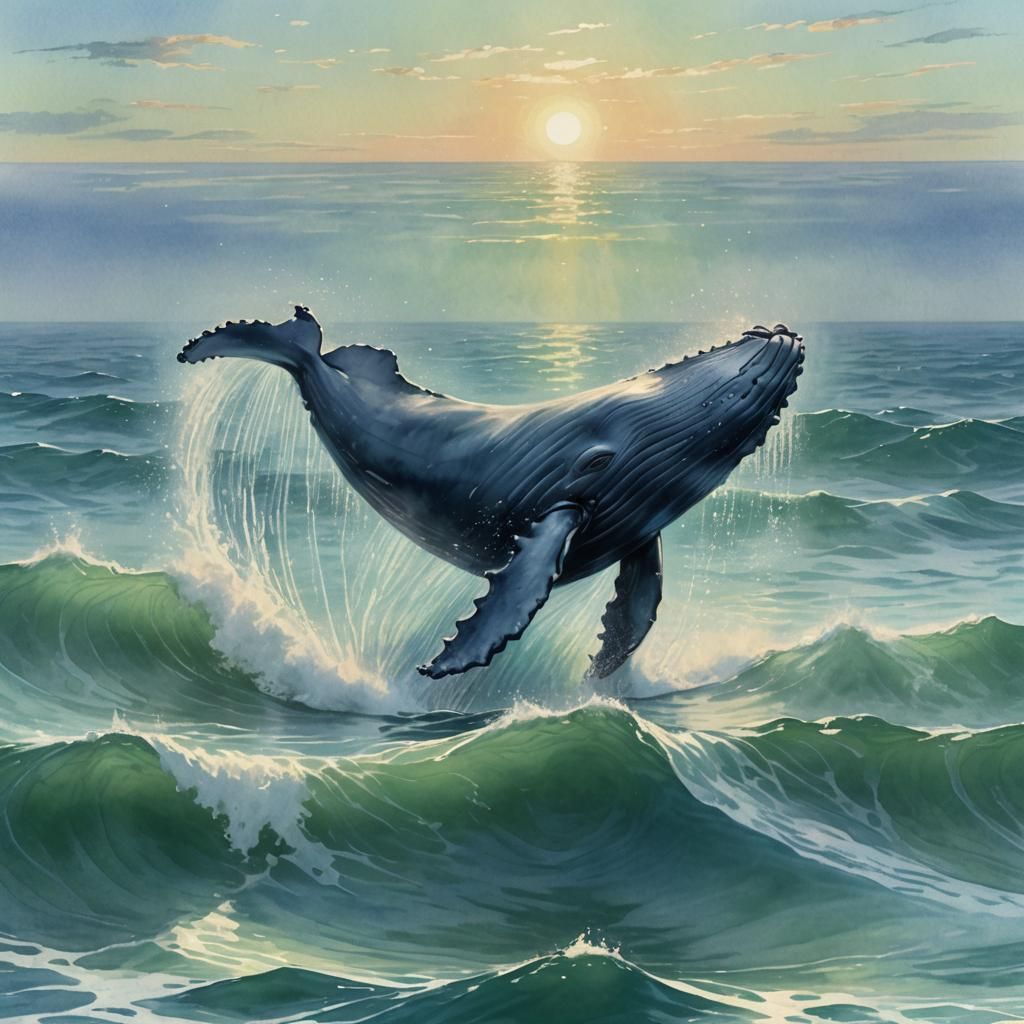 Whale Breaching in Dreamlike Watercolor Style