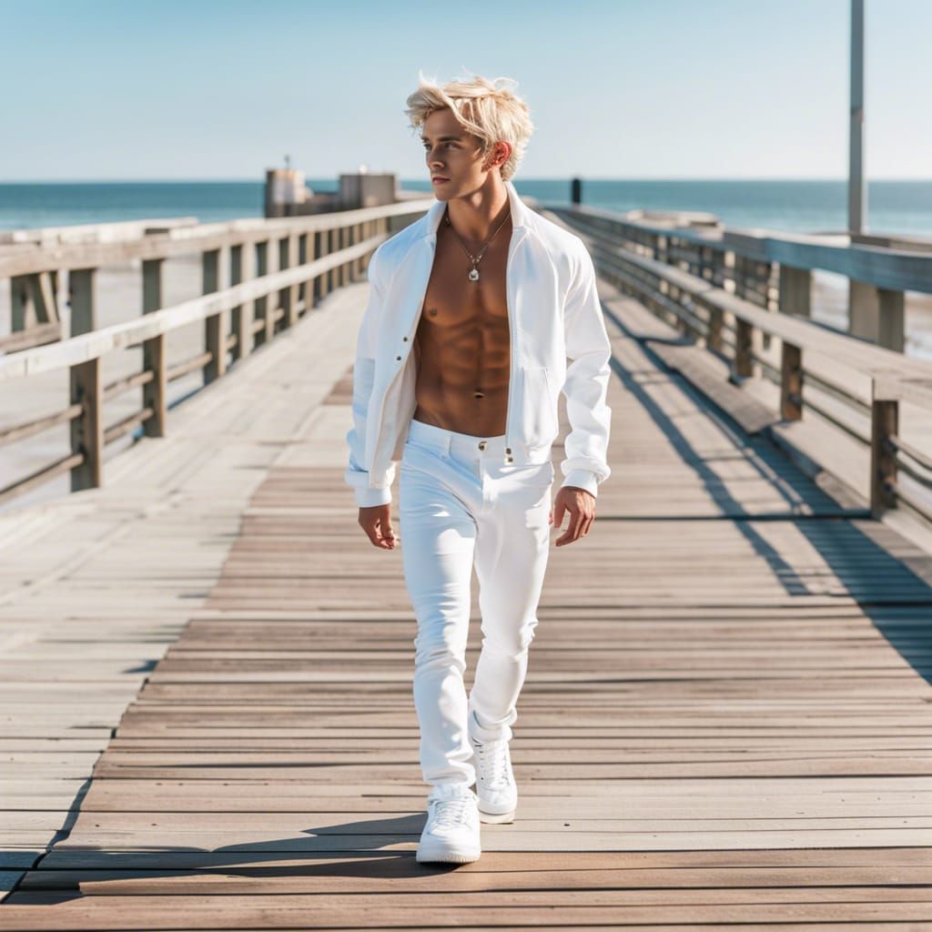 Shirtless Man on Boardwalk in White Air Force 1s