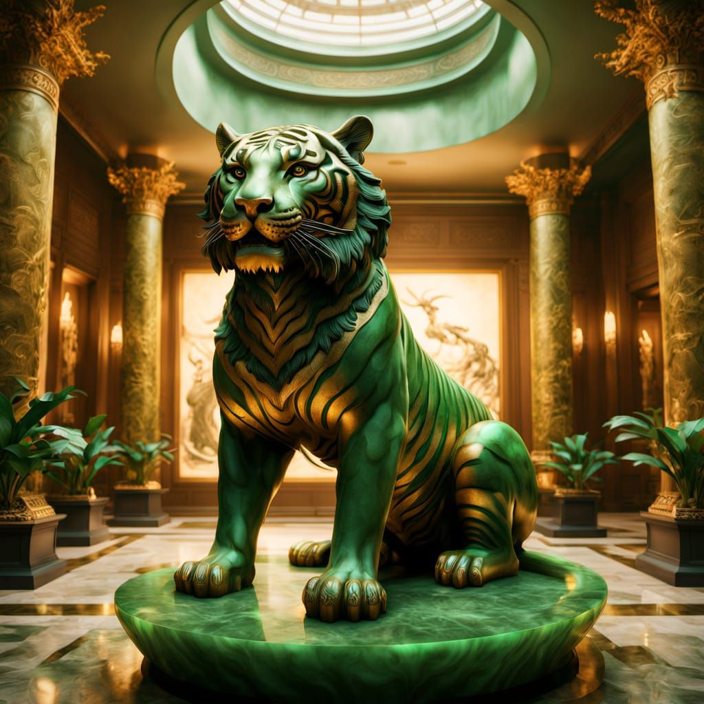 Majestic Jade Tiger Statue in Museum Foyer