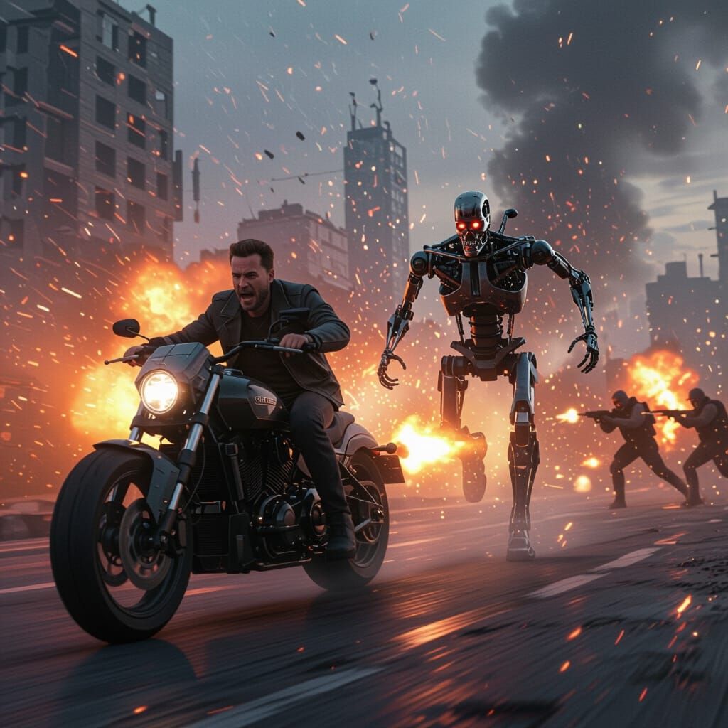 Futuristic Motorcycle Chase: Terminator Pursues Fugitive
