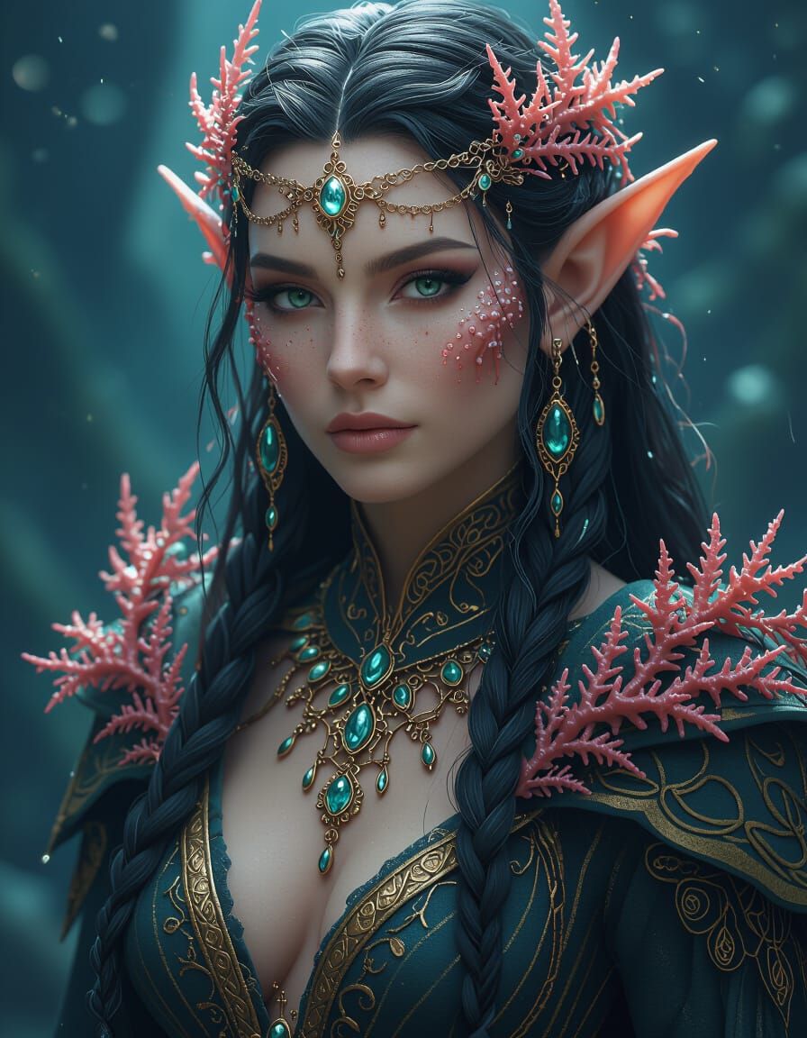 Regal Sea Elf with Coral Jewelry and Kelp Mantle
