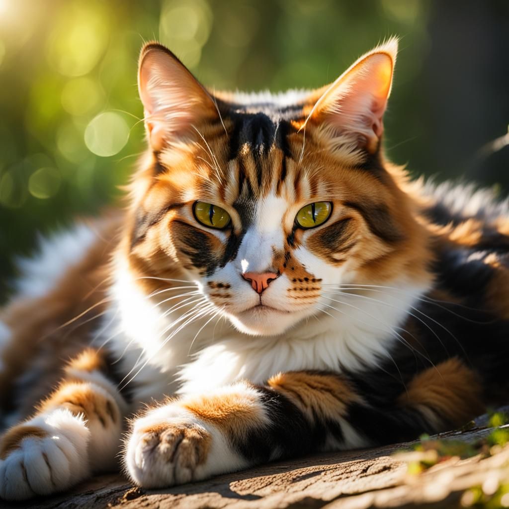 Calico Cat Sunbathing in Forest Clearing