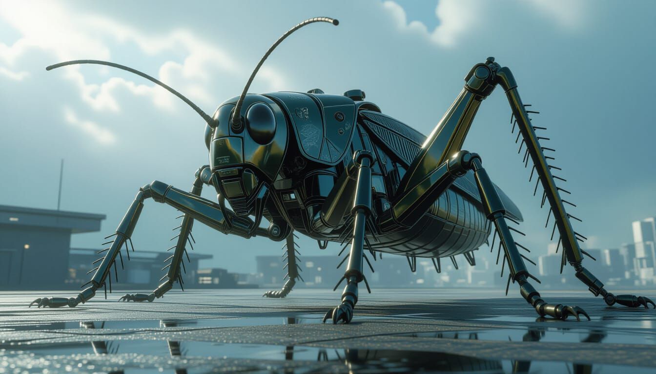 Giant Mechanical Grasshopper with Intricate Details