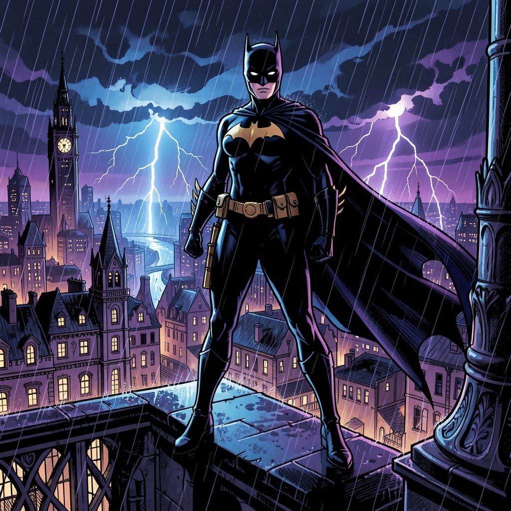 Batgirl on Gotham Rooftop in Dramatic Comic Art Style