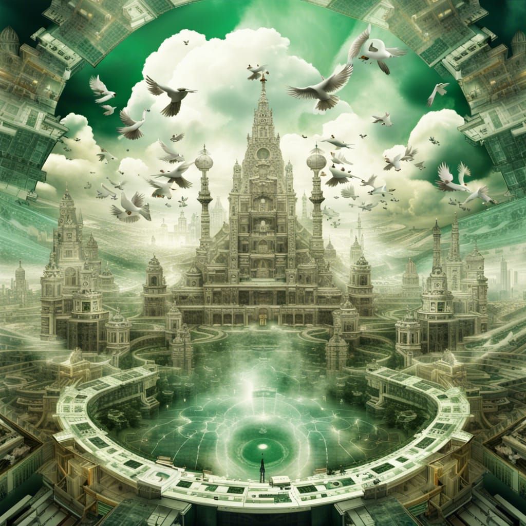 Celestial Utopian City in the Sky with Golden Details