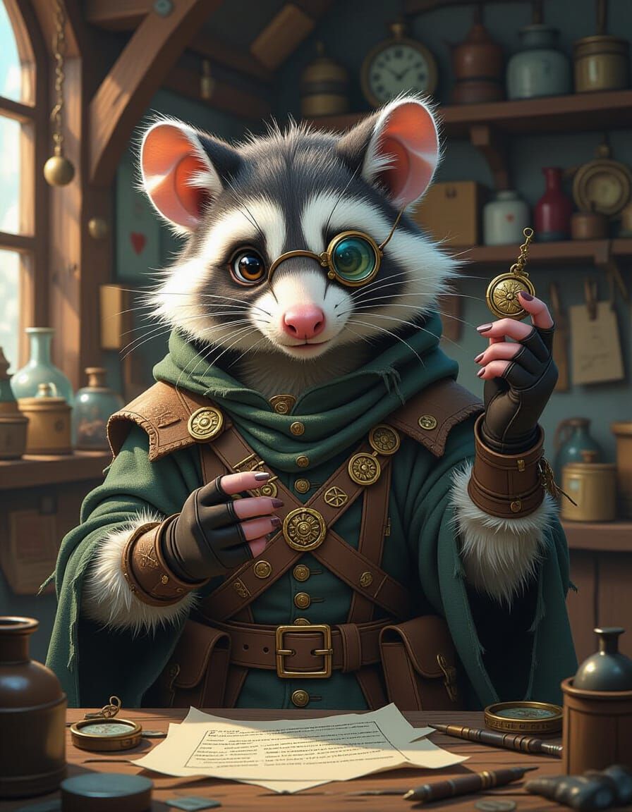 Anthropomorphic Opossum Artificer in Anime Style Workshop