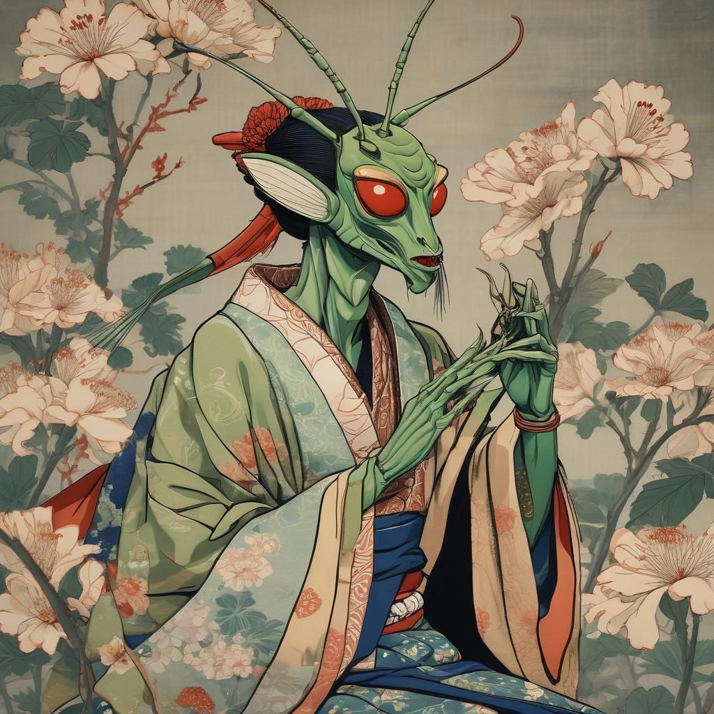 Praying Mantis as Geisha in Ukiyo-e Style