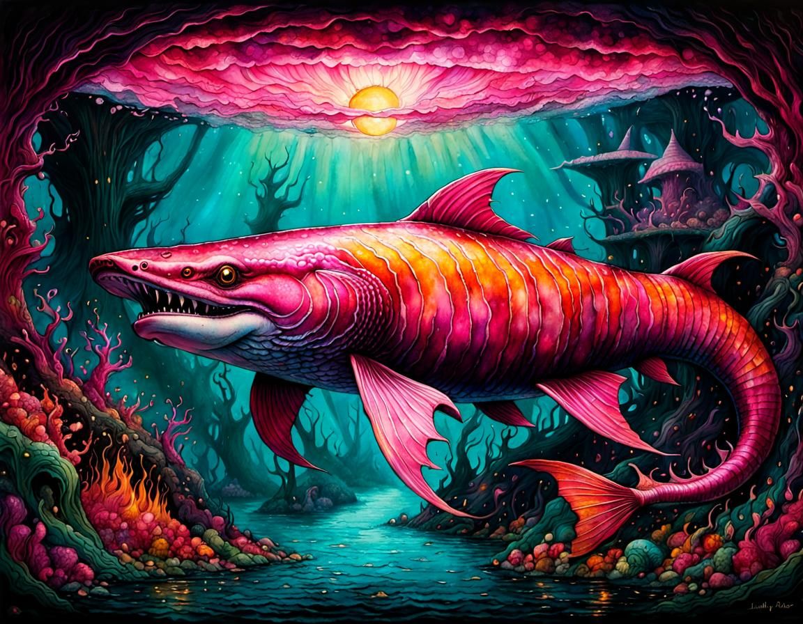 Flaming Pink Leviathan in Underground Fantasy Sea