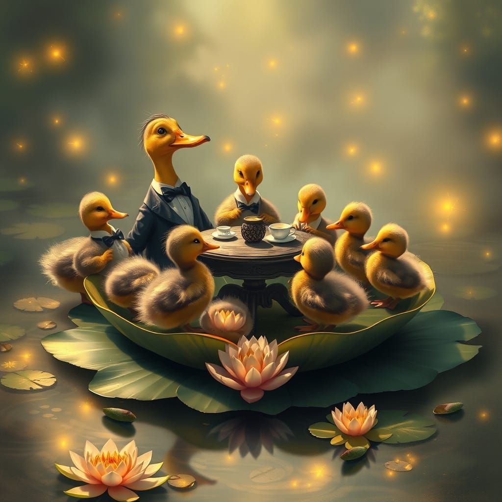 Duck Family Tea Party on Lily Pad, Impressionist Style
