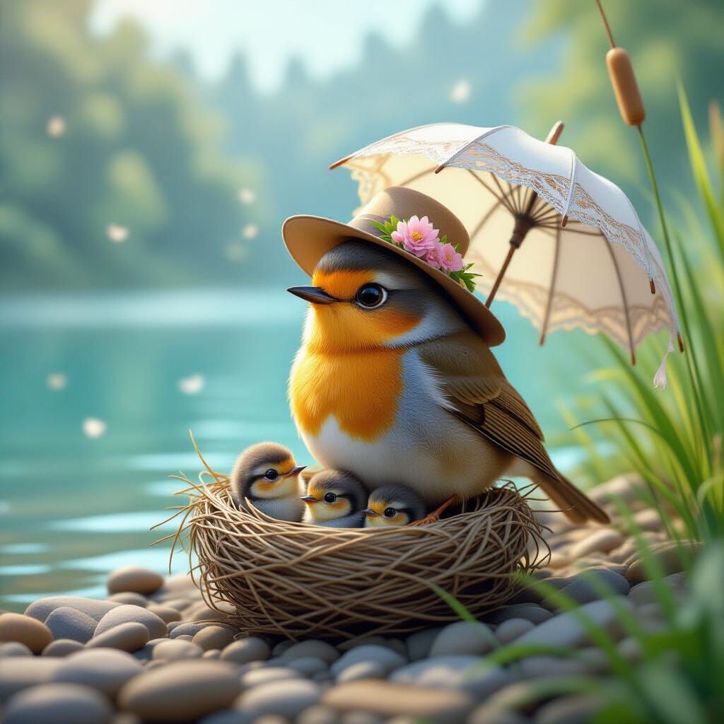 Proud Robin with Chicks, Pixar-style 3D Cartoon