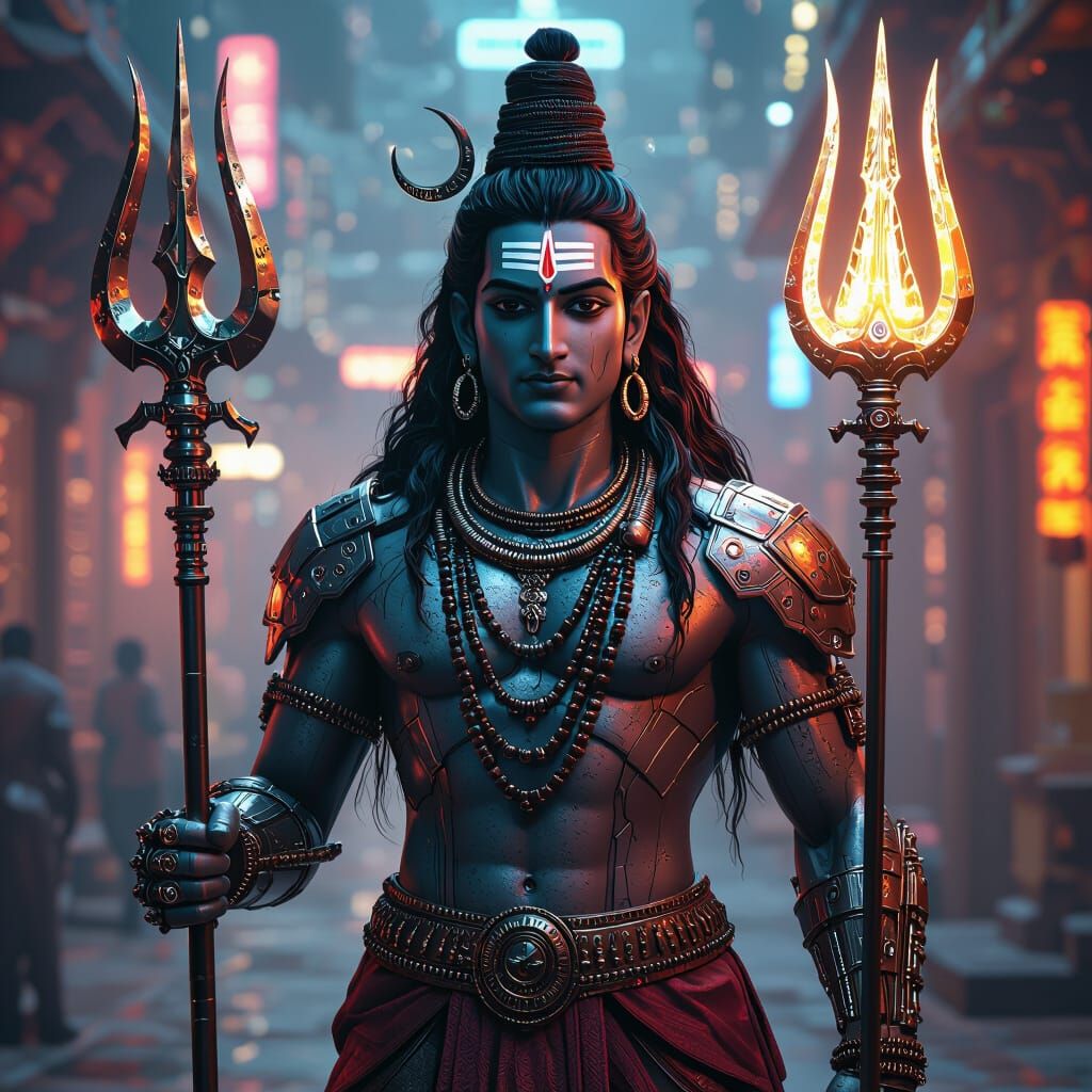 Robotic Lord Shiva: Cyberpunk Deity with Trident