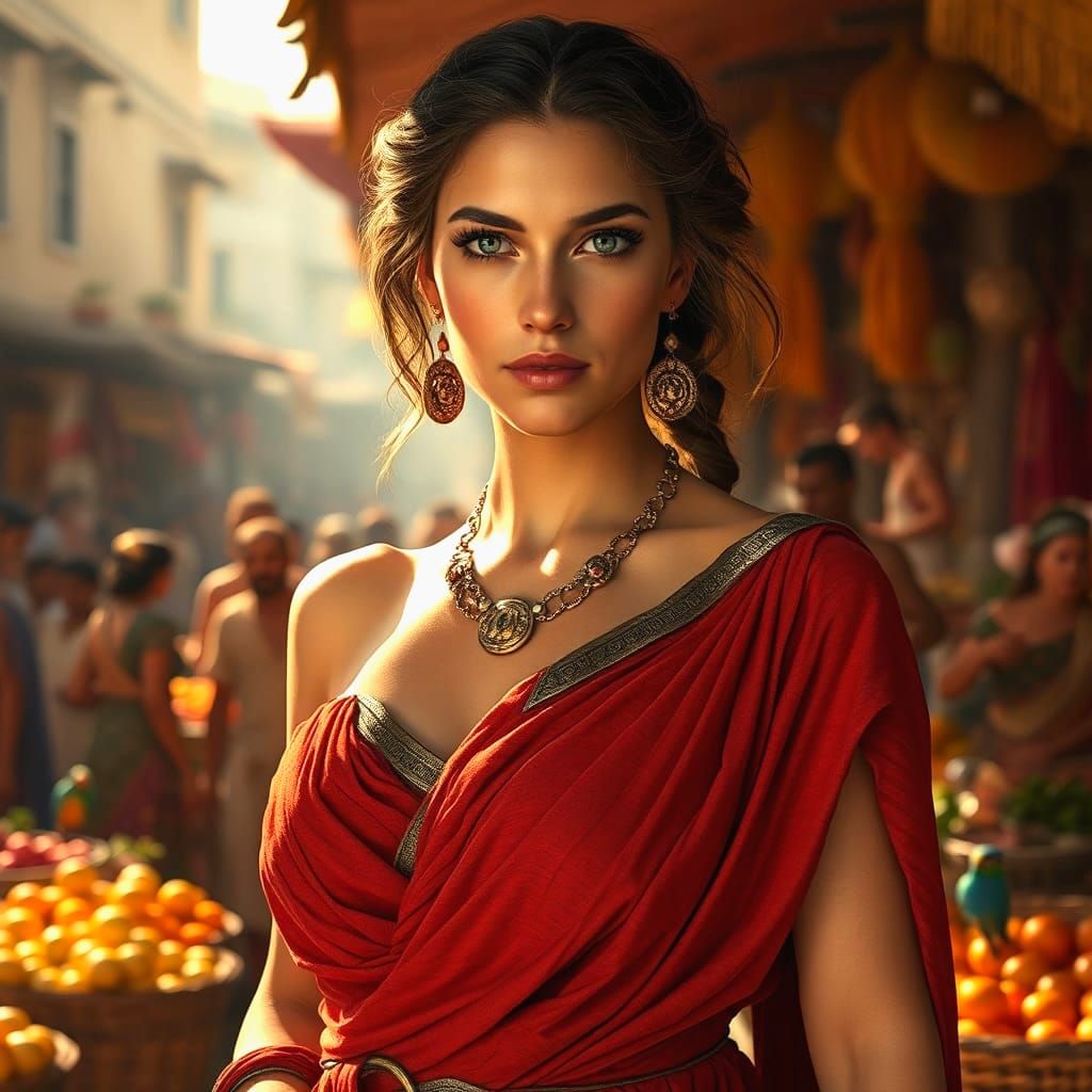 Ancient Greek Women in a Colorful City Market
