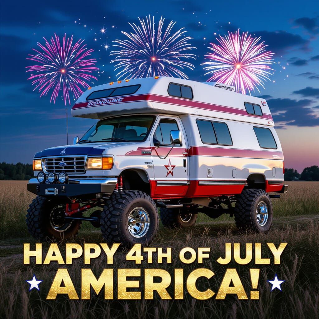 Patriotic Off-Road Van with Fireworks, Digital Art