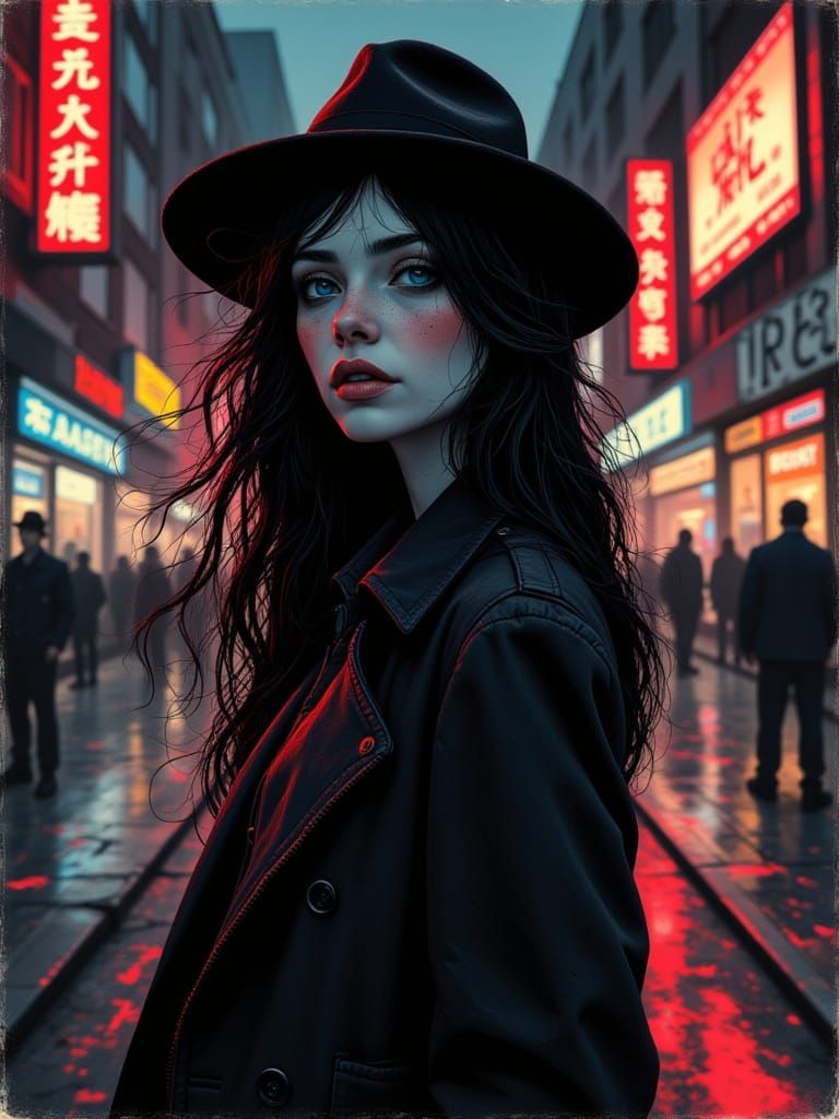 <lora:Cracked:1.0> storytelling :: city pop, noir art, neon-...