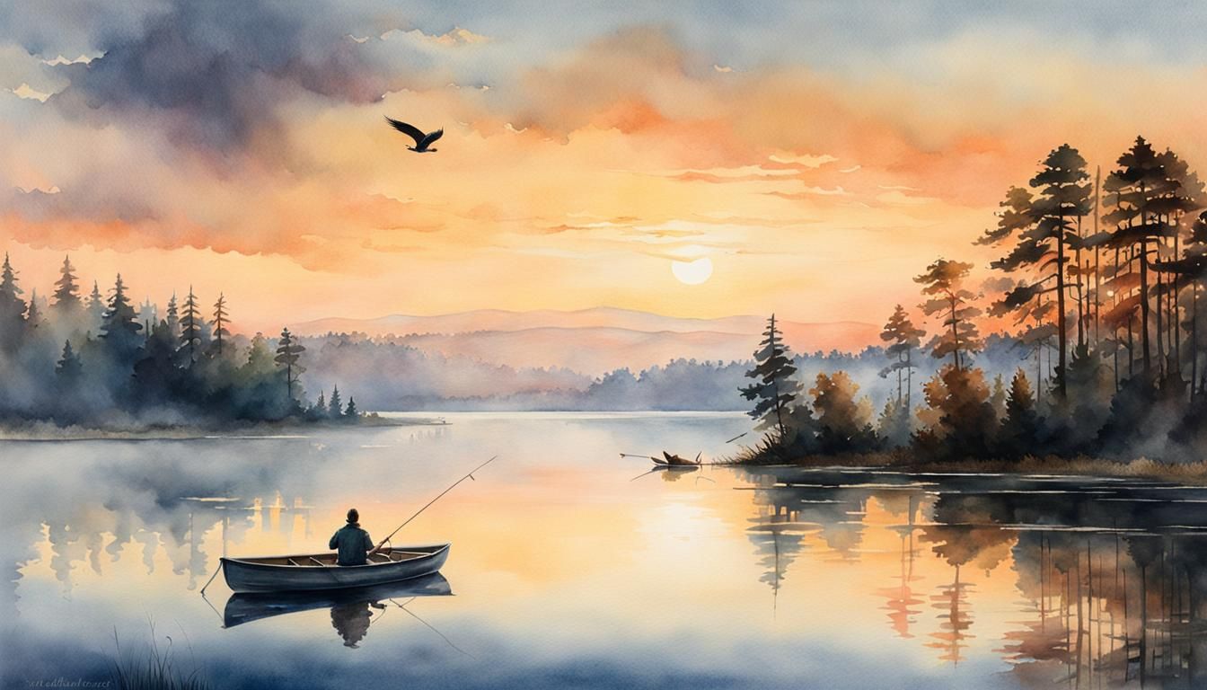 Watercolor Lake at Sunrise with Fisherman