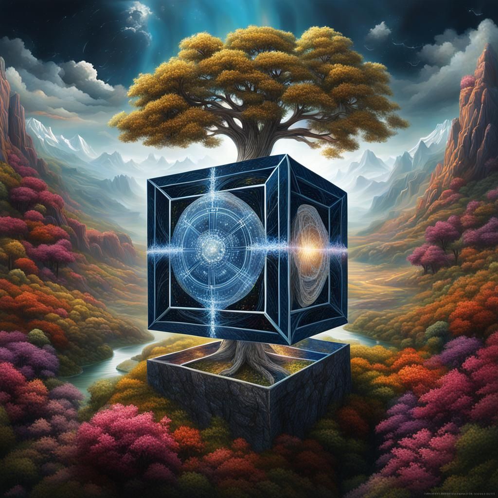 Colorful Tesseract Illustration with Natural Elements