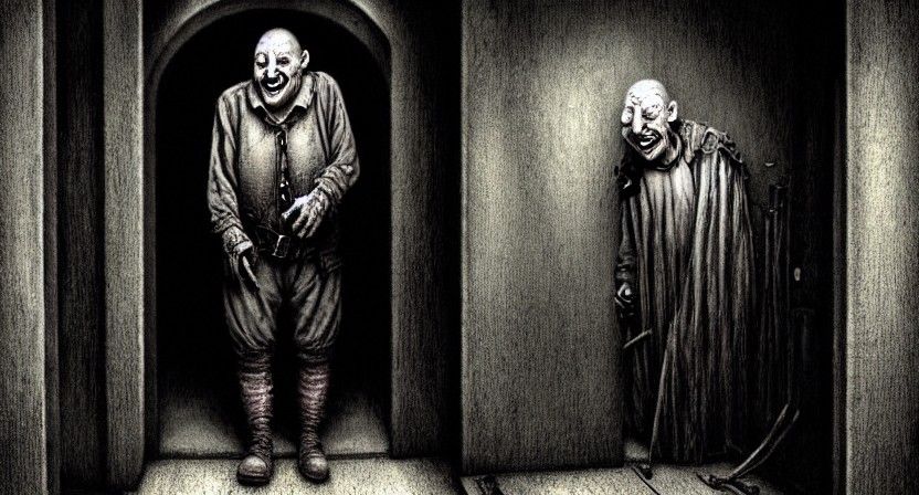 Laughing Knave in Dark Hallway: Fantasy Art